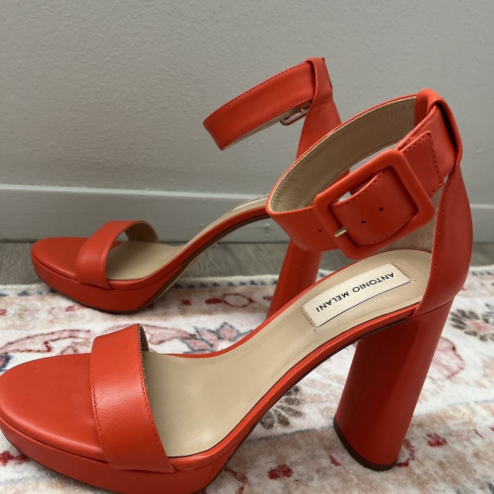 Antonio Melani Women Tangerine Orange Strap Sandals Pump Block High Heel Sz 7.5 - Picture 5 of 8